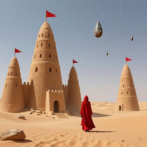 CGI image of a red-robed figure facing four sandstone towers with red flags, surrounded by desert, with floating orbs in a clear sky.