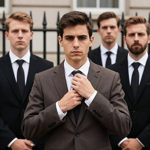 Serious Man Adjusting Tie in Brown Suit