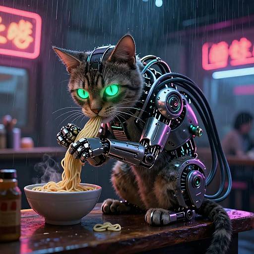 Cybernetic tabby cat with glowing green eyes eats noodles from a bowl in a rainy neon-lit street café at night.