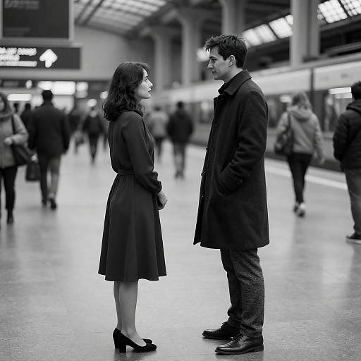 Black-and-White Train Station Couple Portrait