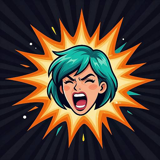 Digital comic-style illustration of a teal-haired person with an angry expression, surrounded by an orange, starburst background.