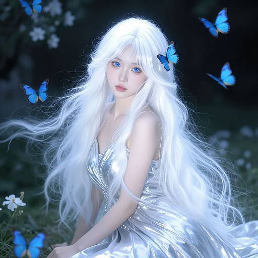 Digital artwork of a pale-skinned, blue-eyed woman with long, glowing white hair, wearing a shiny silver dress, surrounded by blue butterflies in a