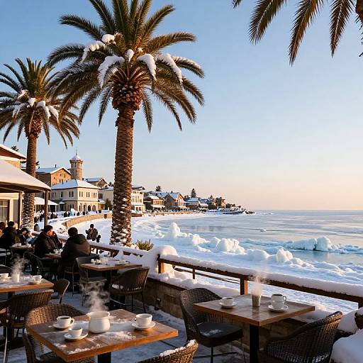 Snow-covered beachside café with palm trees, people dining, and ocean waves in the background at sunset; vibrant photograph.