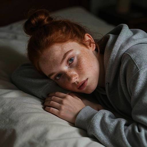 Redhead Woman with Freckles Lying on Bed