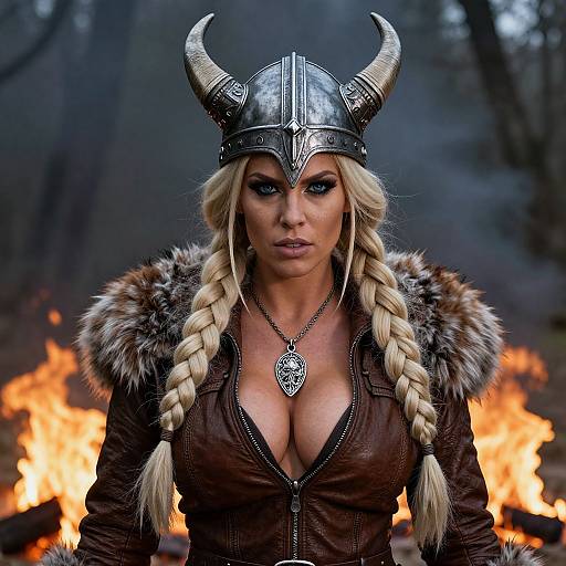 Fierce Viking Woman in Forest Fire