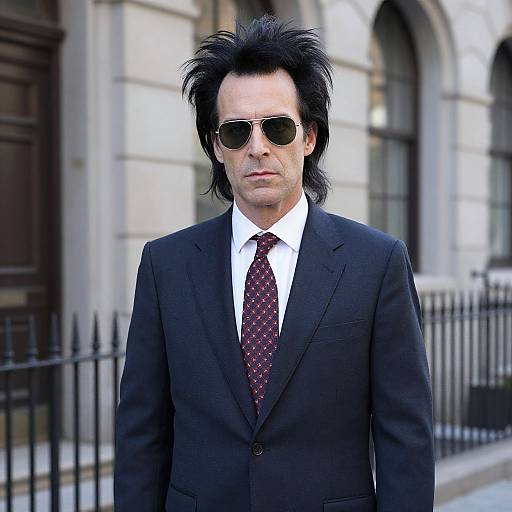 Photograph of a middle-aged man with black, spiky hair, wearing dark sunglasses, a black suit, white shirt, and red patterned tie