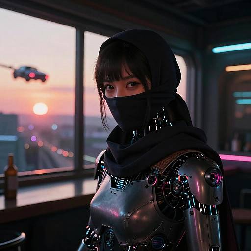 Digital artwork of a cyberpunk woman with black hair and cybernetic armor, wearing a mask, in a dimly lit café at sunset, with