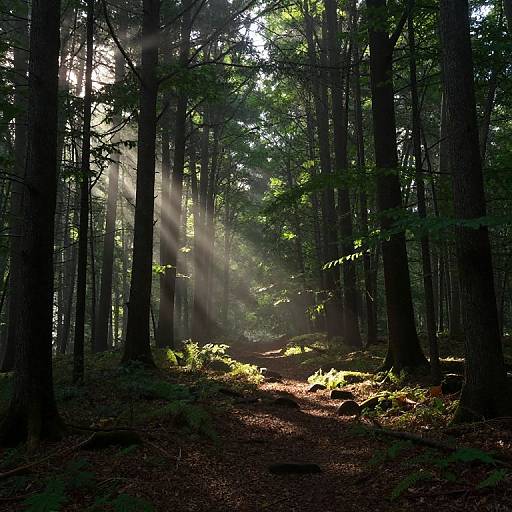 Photograph of a dense forest with sunlight streaming through tall trees, casting dappled light and shadows on a muddy path.