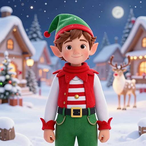 CGI image of a cute elf boy with green hat, red vest, white shirt, green pants, standing in snowy Christmas village.