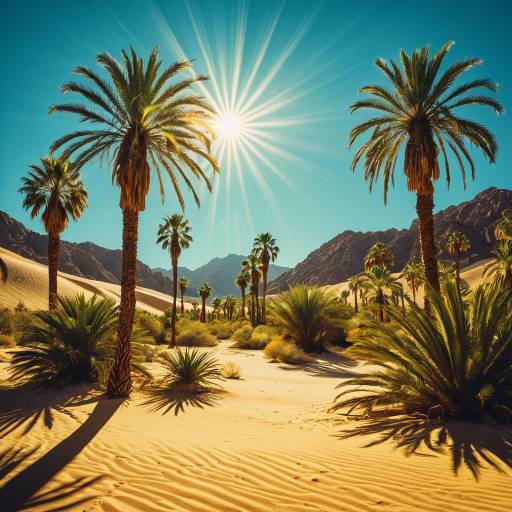 Glowing Desert Oasis with Radiant Sun