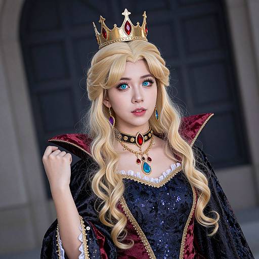 Digital artwork of a blonde, blue-eyed queen with long curls, wearing a golden crown, black and red velvet cape, and jeweled necklace, standing