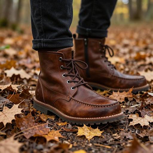 Photograph of brown leather boots with black laces on a forest floor covered in autumn leaves, with black jeans visible.