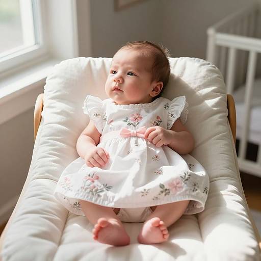 Photograph of a cute baby with light brown hair, wearing a white floral dress, sitting in a sunlit white cushioned chair.