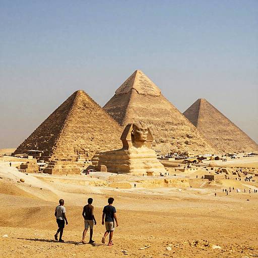 Photograph of three ancient Egyptian pyramids under a clear blue sky, with three people in casual clothing walking in the sandy foreground.