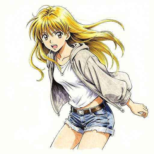 Anime-style digital drawing of a blonde girl with long hair, wearing a white shirt, gray hoodie, and denim shorts, smiling with bright eyes, white
