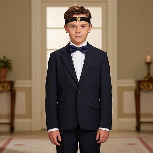 Photograph of a young boy in a black tuxedo with bow tie, headband, standing in a well-lit, elegant room.