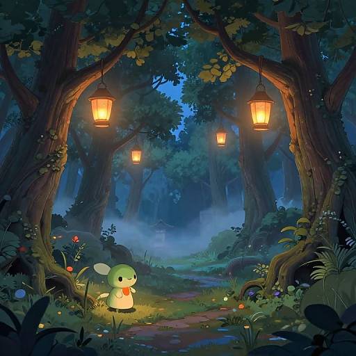 Whimsical digital illustration of a nighttime forest with a small, green, cartoon-like creature with a red scarf, standing under glowing lanterns amidst lush