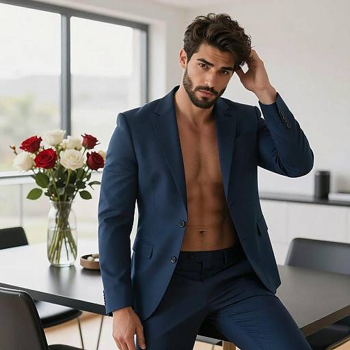 Photograph of a handsome, dark-haired, bearded man in an open navy suit, revealing a muscular, toned chest, sitting in a modern room