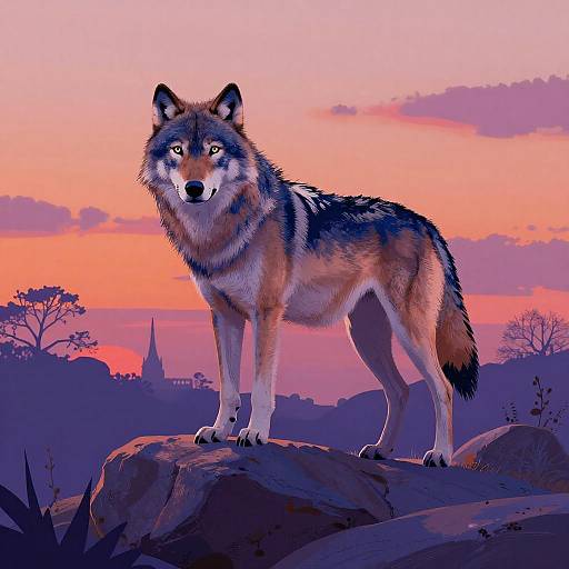 Digital Painting of Wolf at Sunset