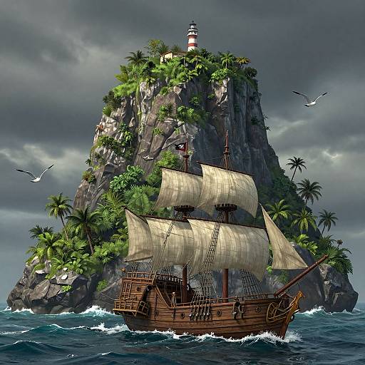 Digital illustration of a wooden pirate ship with furled sails approaching a rocky island with a lighthouse, palm trees, and seagulls under a storm