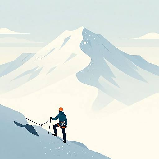 Digital illustration of a climber in blue jacket and orange helmet, using ice axes on a snowy slope with blue and white mountains.