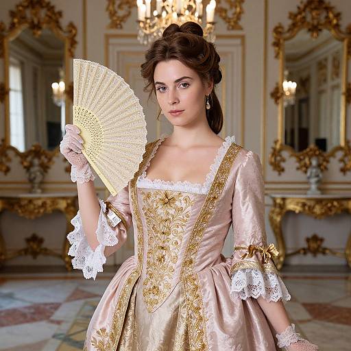 Photorealistic digital art of a young woman in an ornate, 18th-century pink and gold dress, holding a fan in an opulent