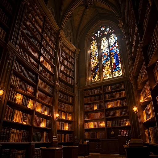 Photograph of a dimly lit, Gothic-style library with towering shelves of books, illuminated by warm light, and a large, colorful stained glass window