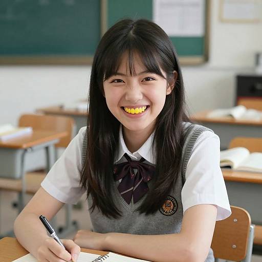Photograph of a smiling Asian girl in a white shirt and gray school sweater, holding a pen in a classroom with desks and a chalkboard. She