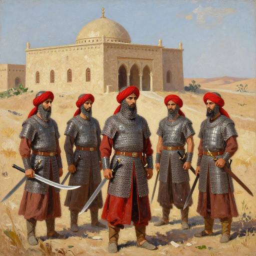 Oil painting of five bearded men in medieval armor, red turbans, holding swords, standing in front of a desert mosque.