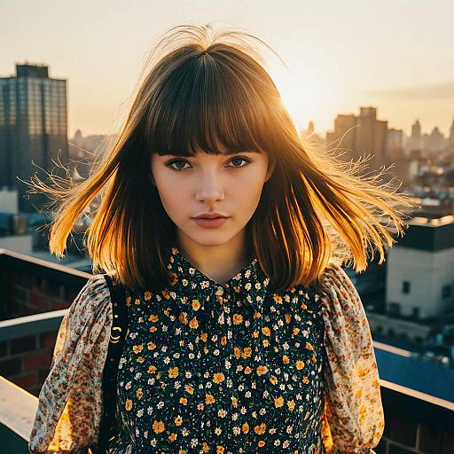 Young Woman with Layered Bangs on Rooftop