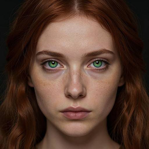 Photorealistic portrait of a young woman with striking green eyes, fair skin, and red wavy hair, set against a dark background.