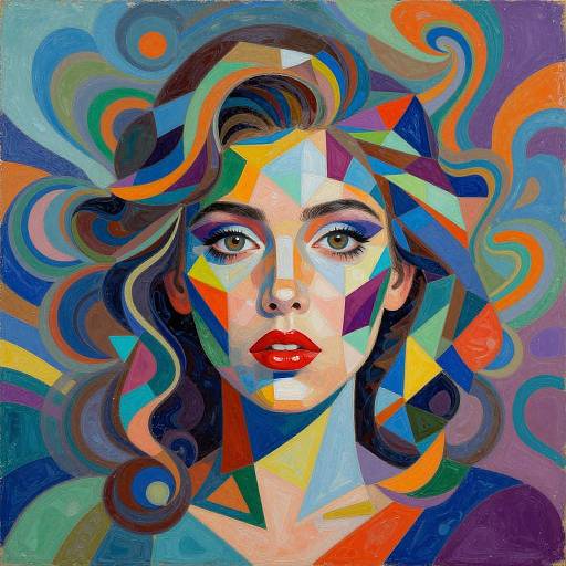 Vibrant, abstract portrait painting of a woman with colorful geometric shapes, swirling patterns, and bold red lips, set against a rich blue background.