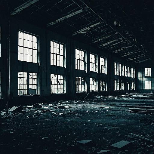 Abandoned Factory with Broken Windows at Night