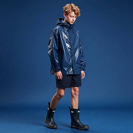 Photograph of a young blonde boy in a shiny blue raincoat, black shorts, and black rubber boots, walking against a solid blue background.