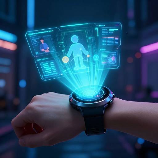 Photograph of a hand wearing a futuristic black smartwatch, projecting holographic blue interface with a human figure and data screens. Neon-lit cityscape