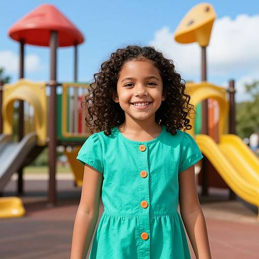 Photograph of a smiling young girl with curly brown hair, wearing a turquoise dress with orange buttons, standing in a brightly colored playground.