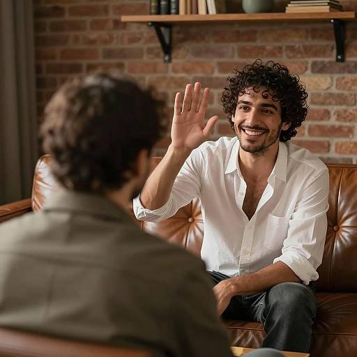 Man Waving and Smiling in Cozy Living Room