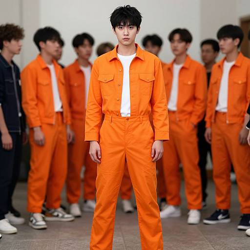 Photograph of a runway fashion show featuring a young Asian man in an orange prison jumpsuit, white shirt, with black hair; surrounded by similarly dressed