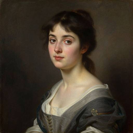 Classical portrait painting of a young woman with fair skin, dark brown hair, and soft pink cheeks, wearing a white blouse and dark grey shawl