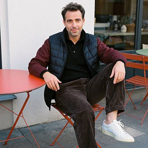 Photograph of a casually dressed man with short dark hair, medium build, and light skin, sitting on a red metal chair outdoors, wearing a black