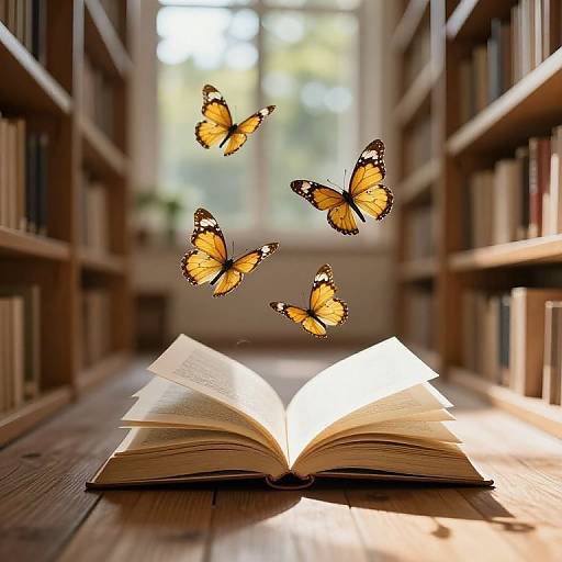 Golden Butterflies Over Open Book
