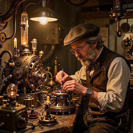 Vintage photograph of an older bearded man with glasses, wearing a flat cap and vest, meticulously working on intricate steampunk machinery under warm, glowing