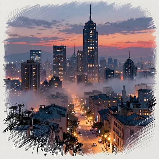 Digital drawing of a cityscape at sunset, featuring a tall skyscraper illuminated against a pink and purple sky, surrounded by fog and glowing streetlights,