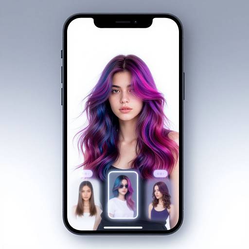 Photograph of a smartphone screen displaying a close-up of a woman with long, vibrant purple and blue wavy hair, with smaller portraits of three other