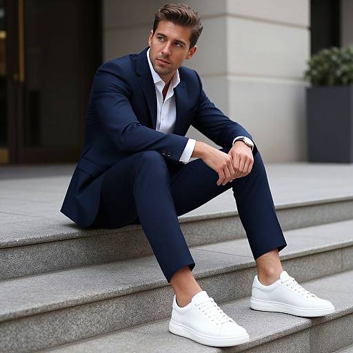 Confident Man in Navy Suit and Sneakers
