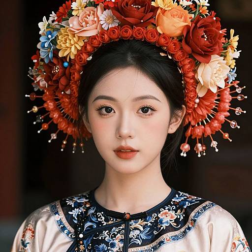Photograph of an East Asian woman with fair skin, black hair, wearing a vibrant floral crown, and traditional embroidered blouse.