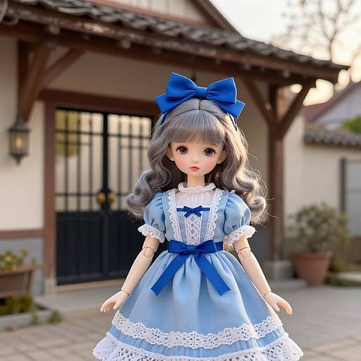 Elegant Grey-Haired Doll in Vintage Courtyard