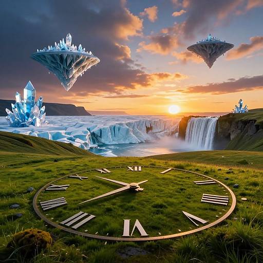 Fantastical sunset over a clock-in-grass landscape with glowing ice crystals and floating islands, cascading waterfall in the background. Digital art.