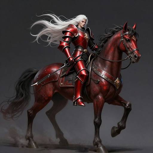 Digital artwork of a white-haired knight in red armor riding a dark brown horse, both set against a dark, smoky background.