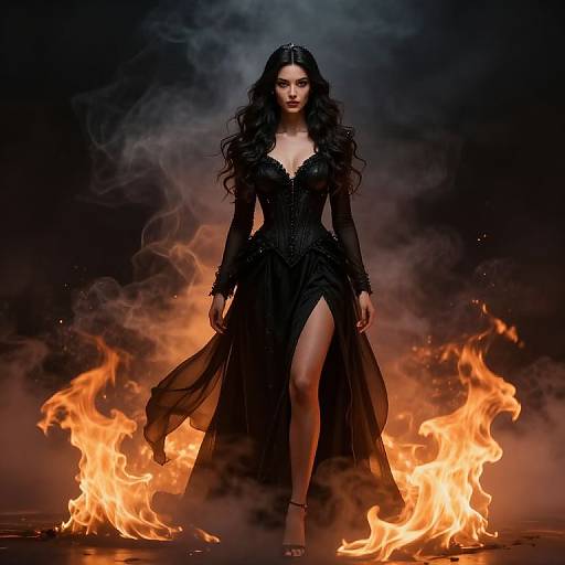 Photograph of a dark-haired woman in a black, gothic, sheer dress standing confidently between fiery flames, with smoky background.